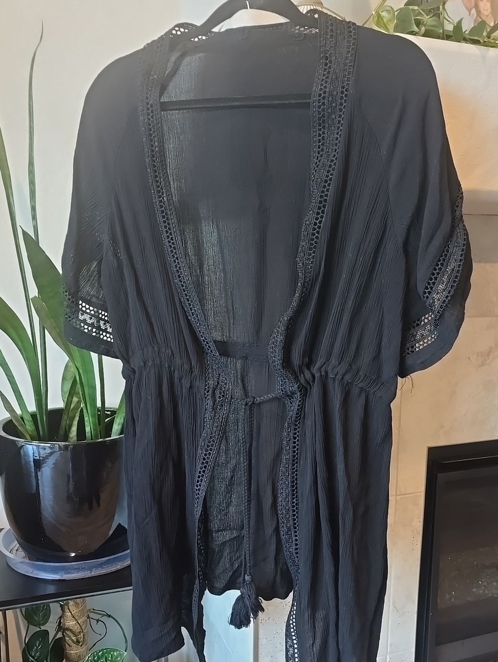 Lightweight Black Women's Swim Coverup with Crochet Trim